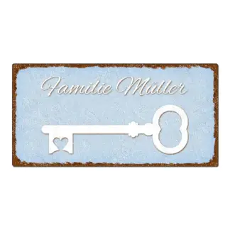 Dekoschild im Vintage Look mit Wunschtext 200 x 100mm hellblau/braun*