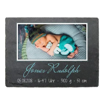 Geschenk zur Geburt eines Kindes: Schieferschild mit Foto & Daten - 200 x 150 mm - Design Junge*