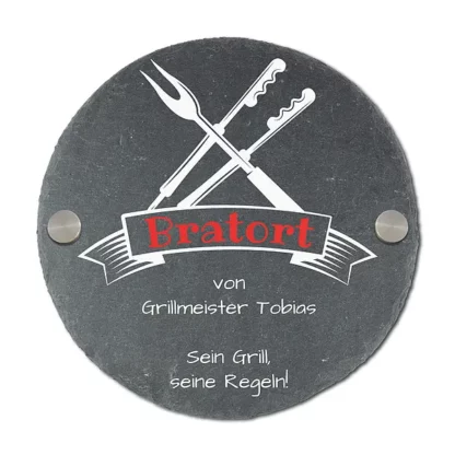 Rundes Schieferschild für Grillmeister mit Name | Bratort*