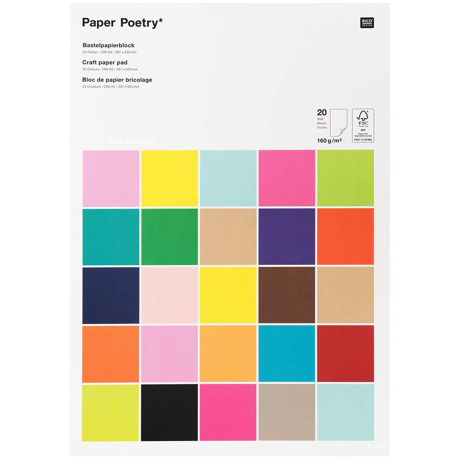 Rico Design Paper Poetry Bastelblock Super Multi Colours A3 20 Blatt*