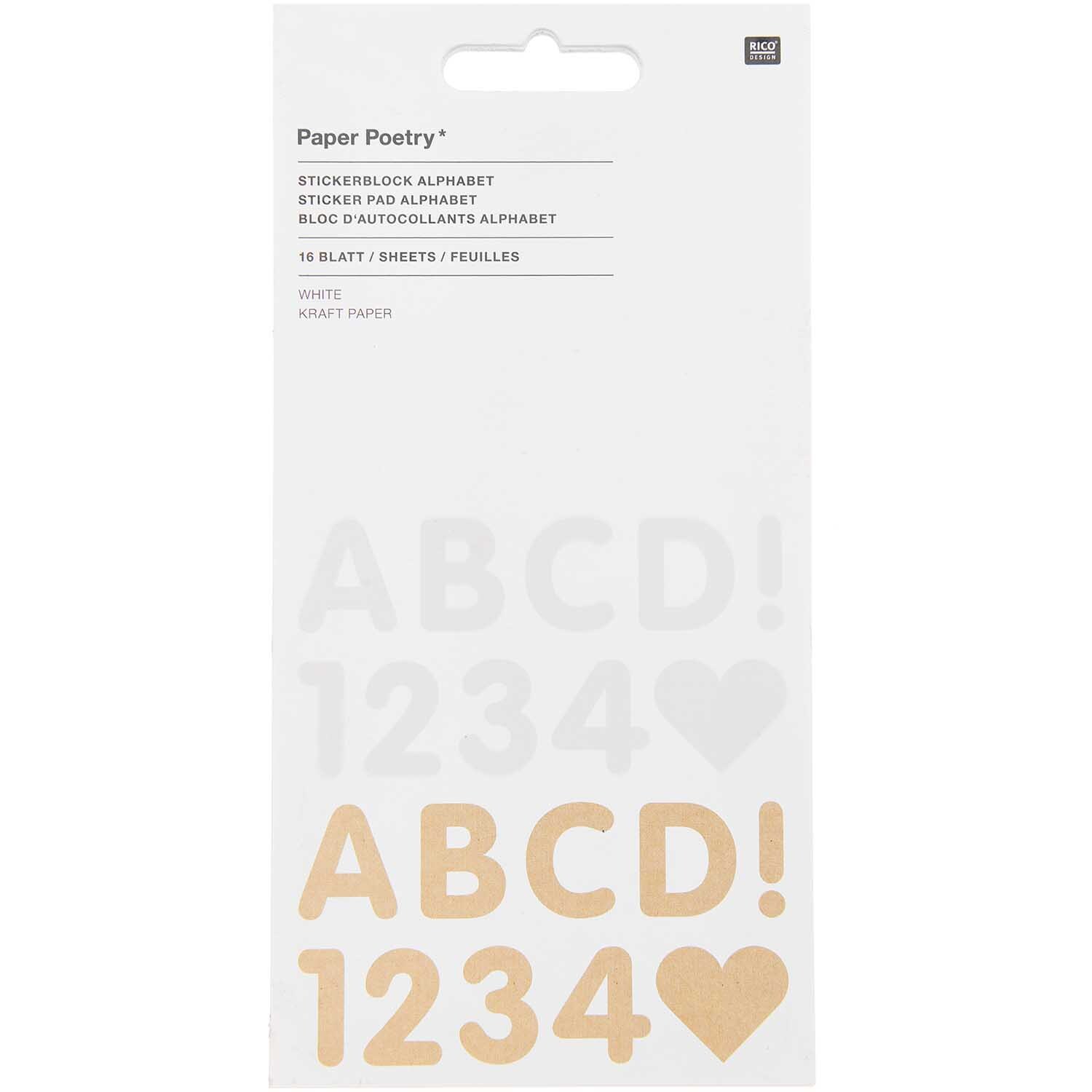 Rico Design Paper Poetry Stickerblock Alphabet 16 Blatt Weiß Kraftpapier*